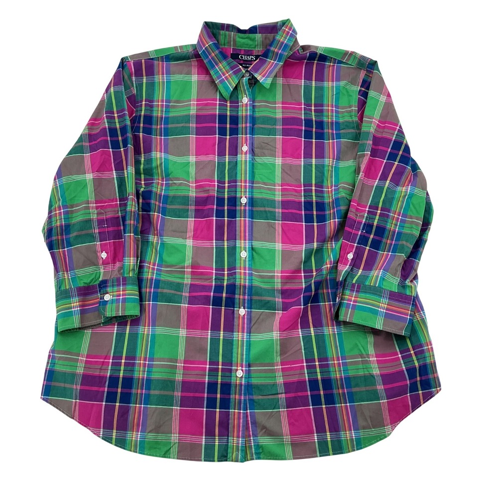 Vintage‎ Chaps Plaid Button Down Shirt Womens 1X Cotton Multi Color Preppy
